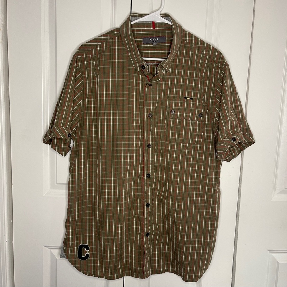 Cavi Olive Red Plaid Short Sleeve Button Up Size XL Varsity Letter Embroidered